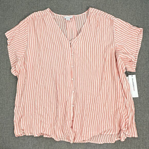 NEW! Liz Claiborne Button Down Shirt Striped Plus 3X Coral $45 V-Neck Rayon - Picture 1 of 12